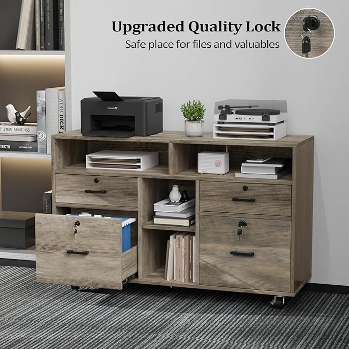 VINGLI Wide 4 Drawer File Cabinet with Lock, Rustic Grey Rolling File Cabinet with Open Shelves, Lockable Printer Stand, Letter Sized
