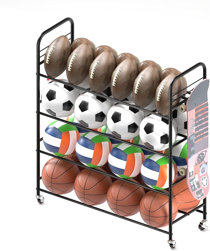 Ball Storage - Basketball Cart With Wheels Garage Volleyball Storage Sport Equipment Holder Organizer For Indoor Outdoor,Metal Storage Rack For Playgroup,Gym And School