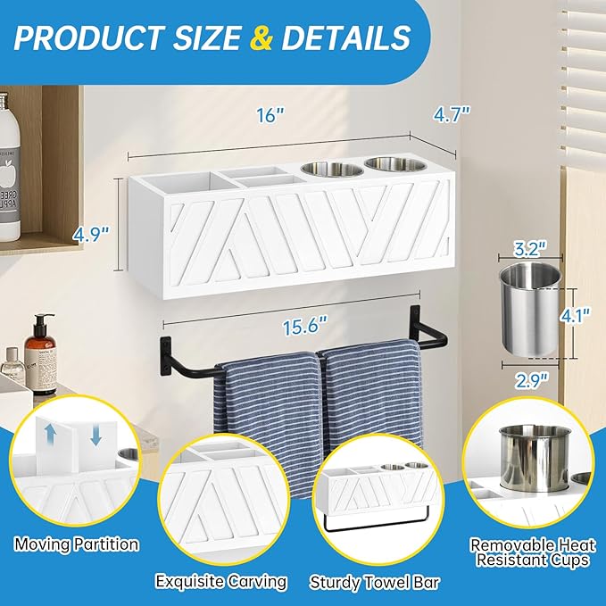 Hair Tool Organizer Wall Mounted with Towel Bar, Wood Hair Dryer and Styling Holder for Bathroom, Vanity Caddy Storage Stand for Storage Bathroom Accessories, Flat Iron, Blow Dryer, Brushes(White)