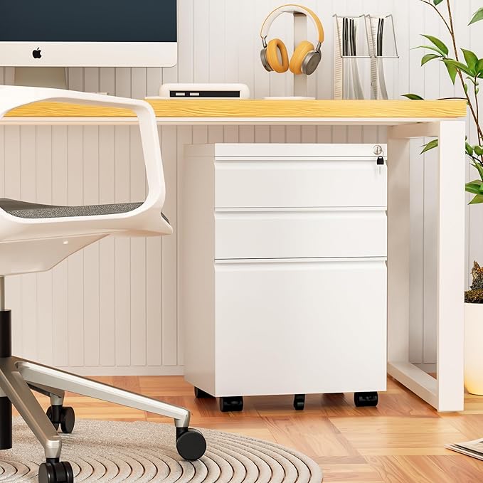 Bonusall 3 Drawer White File Cabinet, Fully Assembled Metal Rolling Filing Cabinet with Lock, Under Desk Drawer Filing Cabinets for Home Office Fit A4/Letter/Legal