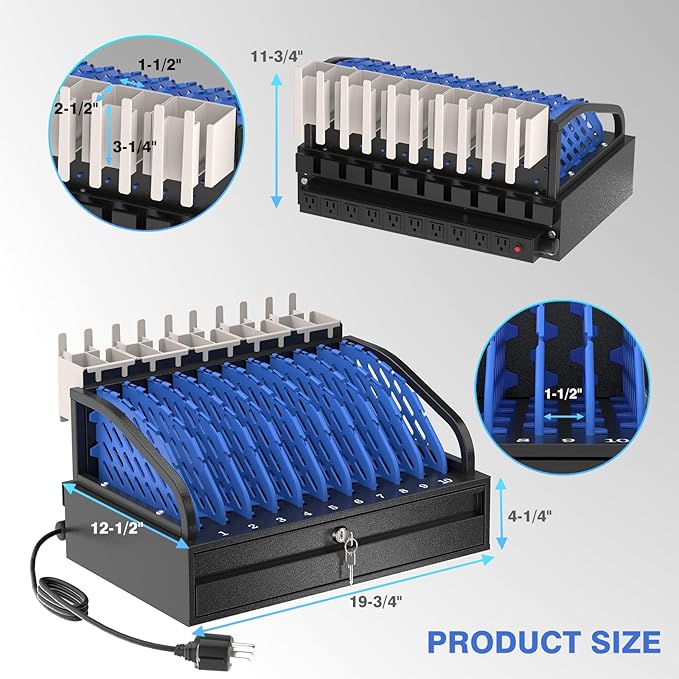 10-Device Open Charging Station for Chromebooks & Tablets - Heavy-Duty Steel Rack with Lockable Storage Drawer, Multi-Device Charging Organizer for School, Office, Hospital