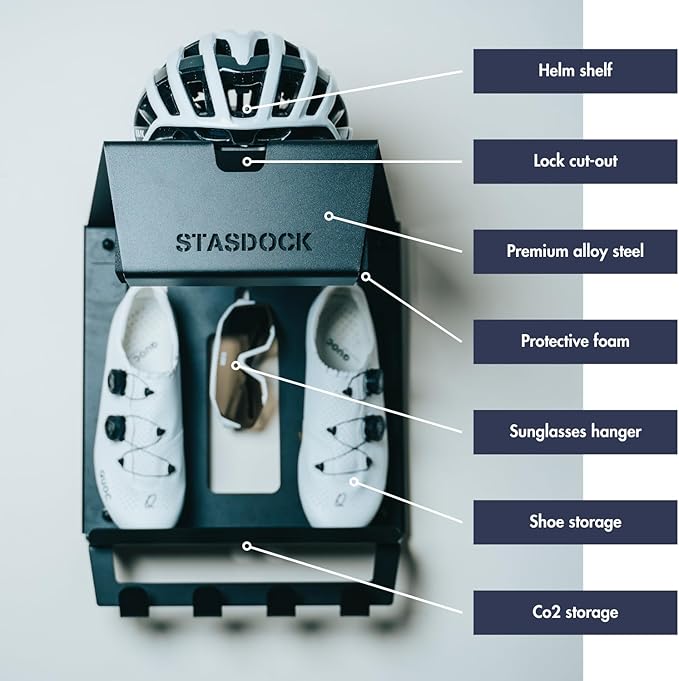 Stasdock Wall Bike Rack | Bike Storage Wall Mount System | For Race Bicycles (Happy Black) and Mountain Bikes | Bike Shelf | Indoor bike wall bracket | Store your helmet and shoes | Home and Garage