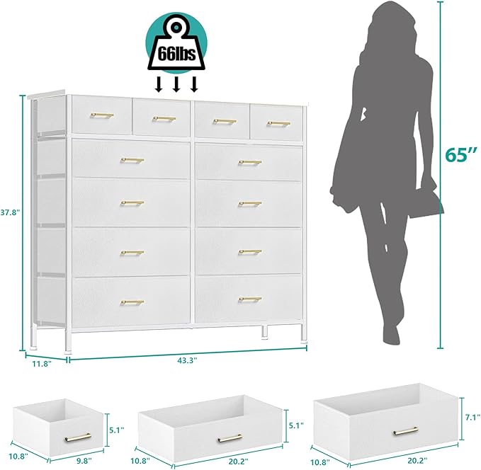 Chest of Drawers for Bedroom with 12 Deep Drawers Tall Fabric Dresser, Storage Cabinet for Closet, Nursery, Bedside, Living Room, Entryway, Hallway (White)