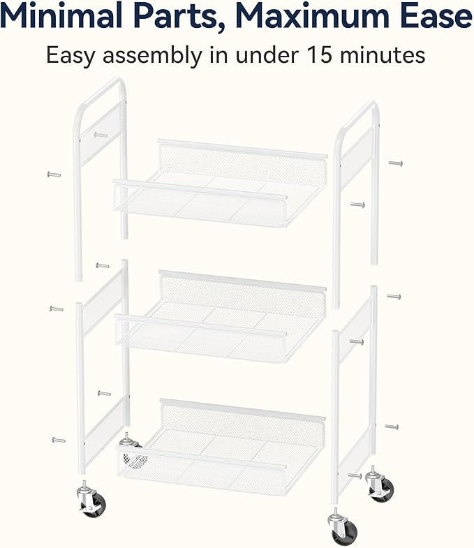 YASONIC 3 Tier Rolling Cart – Metal Utility Storage Carts with Wheels, Craft Carts Organizer with Hanging Cups, Hooks, Mesh Basket for Bedside Kitchen Office Art, White