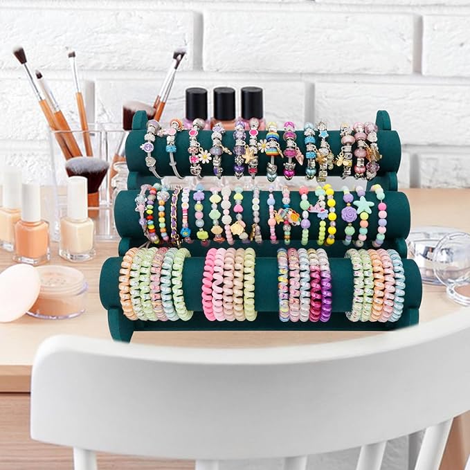 Barelove Velvet Bracelet Holder with 3 Tier Rack, Green T-Bar Storage Organizer Detachable Display Stand for Necklace Watch Bangles Bracelets Scrunchies Organization Showcase