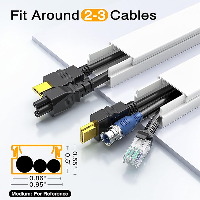 Delamu Cord Hider, 56.7in Cord Covers for 2-3 Wires on Wall, Paintable Cable Hider Wire Covers for Cords, Self-Adhesive Cable Cover Management, Easy Set-up Wires Hiders for TV, W0.95 x H0.55in, White