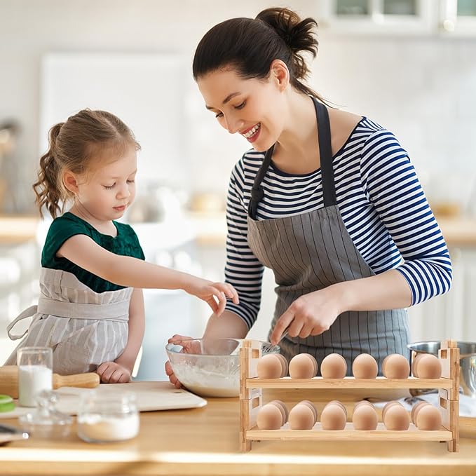 2-Tier Wooden Egg Holder - Egg Basket For Gathering Fresh Eggs, Layer Egg Tray Holder Countertop For 18 Eggs,Tier Egg Organizer For Farmhouse Kitchen Refrigerator Fits Duck, Turkey, Chicken Eggs