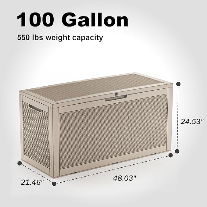 EasyUp 100 Gallon Deck Boxes Waterproof, Outdoor Large Storage Boxes with Lids, Outside Resin Storage Box & Deck Boxes for Patio, Garden Use(Gray)