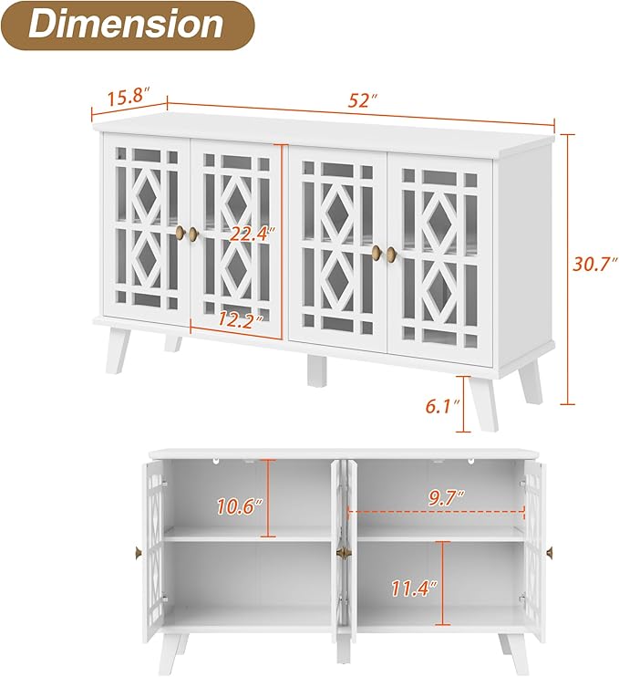 Scurrty 52" Buffet Cabinet with Storage,Sideboard with 4 Doors, Skeletonized Coffee Bar with Storage, Sideboard Cabinet for Dinning Room, Kitchen & Living Room (White)