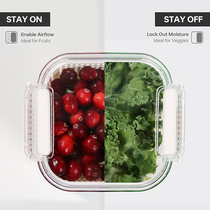 Felli Duo Fresh Produce Saver for Fridge, Fruit Vegetable Container with Vent & Drainage in Bottom for Wash, Colander Strainer Storage Bin for Refrigerator, Berry Lettuce Keeper, Christmas Gifts