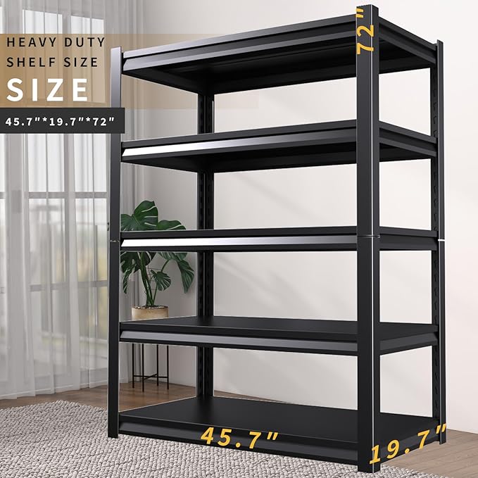 72 "H / 46" W Garage Shelving Heavy Duty Storage Shelves Adjustable Garage Shelves 5 Tier Metal Shelving Unit Utility Rack Shelf for Storage Kitchen Warehouse Pantry, Black 72 "H x 46"W x 19.7" D