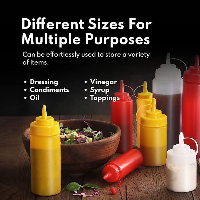 New Star Foodservice 26528 Plastic Squeeze Bottles with Cap and Scale, Wide Mouth, 16 oz, Yellow, Pack of 6