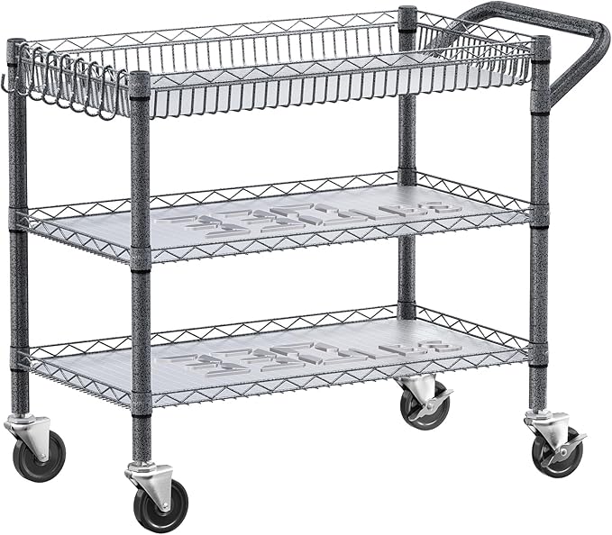 YNN Utility Rolling Cart,990Lbs 3 Tier Heavy Duty Metal Cart with Wheels & Handle NSF Wheeled Cart 31" D x 18" W x 33" H for Bedroom, Bathroom, Kitchen,Garden,Decor,Serving