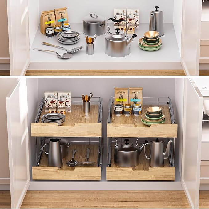 Pull Out Cabinet Organizer,Heavy-Duty Slide Out Shelf, Wood and Wire Basket, Pull Out Drawer for for Kitchen Under Sink Space, Pantry, Bathroom, 2 Tie 14 * 21 in