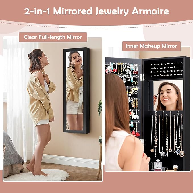 HAPPYGRILL Wall Mounted Jewelry Cabinet with Full Length Mirror, Over The Door Jewelry Organizer w/Built-in Makeup Mirror, Storage Shelves, Door Mounted Jewelry Armoire for Women, Girls (Black)