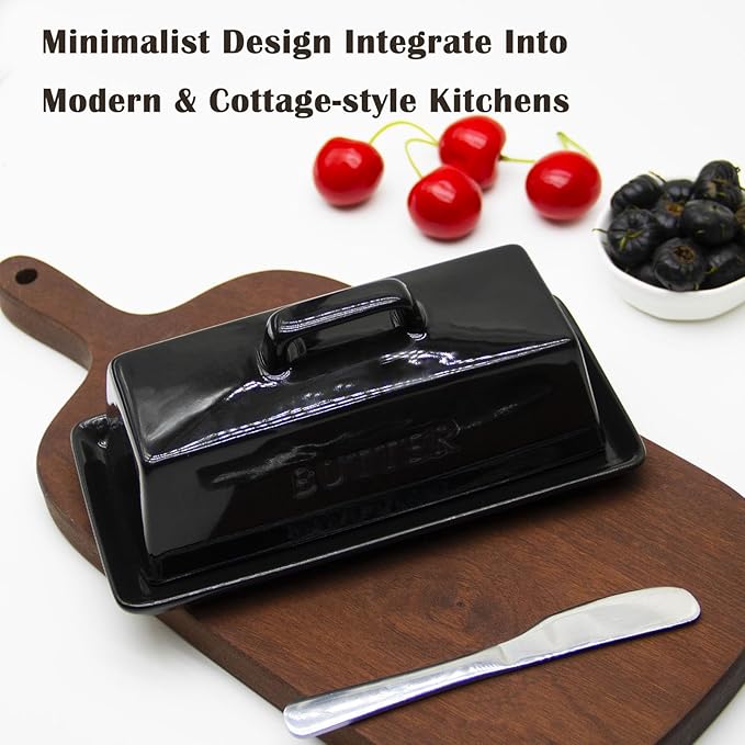 Ceramic Butter Dish With Lid for Countertop, Covered Butter Holder With Lid, Black Butter Container, Butter Tray With Handle