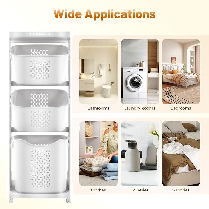 3 Tier stackable Laundry Basket Sorter Portable Rolling Cart Clothes Storage Porous Design With Wheels For Clothes Toiletries Bathrooms Laundry Rooms Bedrooms White