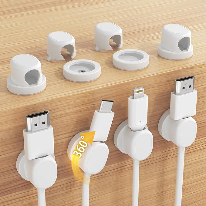 Rotatable Cord Holder, Snap-Lock Cable Clips, 8 Pack Adhesive Cord Organizer, Phone Charger Wire Organizer Keeper for Nightstand Car Kitchen Appliances Office Accessory,White
