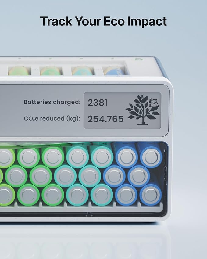 8-Slot Battery Charger Only, for AA AAA Lithium NiMH NiCd, Auto-Drop Rechargeable Battery Station with E-Ink, Storage, 3h Fast Charging, Bad Batteries Detection