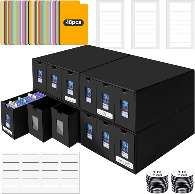 7200+ Card Storage Box, 1300+ Toploader Storage Box for Commander Display,with 48 Dividers, Labels & Tapes,Fit for TCG, PTCG, MTG