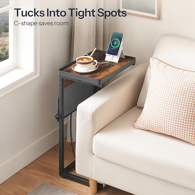 HOOBRO C-Shaped End Table with Charging Station, 29.5” Adjustable Height Side Table with Storage Pocket, Sofa Tray Table Slide Under Couch, for Living Room, Bedroom, Rustic Brown and Black BF78USF01