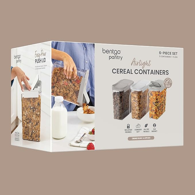 Bentgo Pantry - 6-Piece Airtight Cereal Containers, Easy Push & Pour Lid, Stackable & Clear BPA-Free Storage, Locking Lids for Freshness – Ideal for Kitchen & Pantry Organization (White Stone)