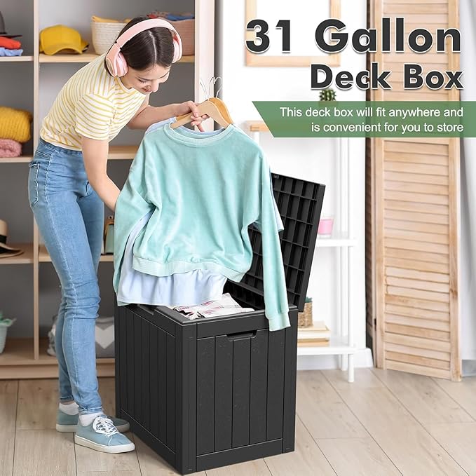 32 * 2 Gallon Outdoor storage deck Box Waterproof ，garden tool,backyard cushion,poolside toy storage,Small delivery boxes for outside,Two Boxes/set,Wood-like Striped BLack