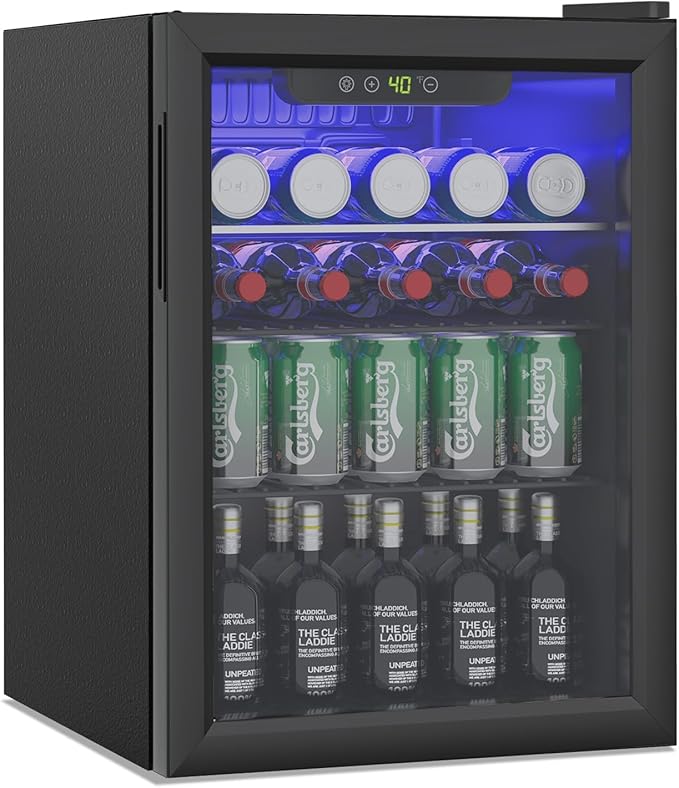 2.6 Cubic Feet Mini Fridge,95 Can Freestanding Beverage Refrigerator with Glass Front Door for Soda, Beer Under Counter Small Refrigerator with Adjustable Shelves and Digital Display(Black)
