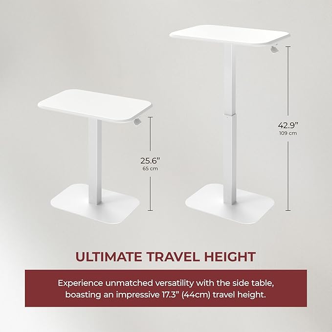 Ergohome™ ELEVANCE Table™ Height Adjustable Minimalist Tables, Laptop Desk, Living Room, Small Side Table, Drink Coffee End Table, Sofa Table, Study and Small Spaces (White Base Cloud White Top)