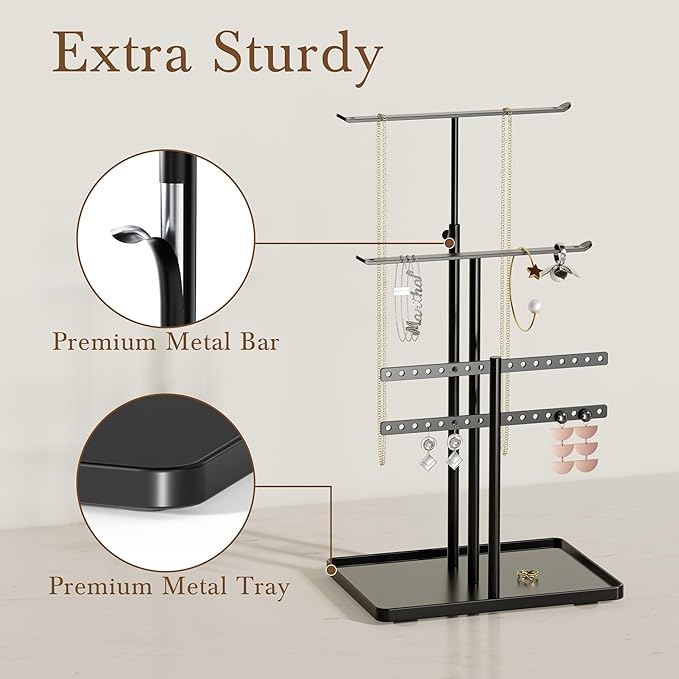 Jewelry Holder Organizer Stand - Adjustable Jewelry Tree 17.5" Height (Max), Jewlery Hanger for Necklaces, Bracelets, Earrings, Aesthetic for Storage and Display, Metal, Black