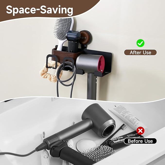 Hair Dryer Holder Wall Mount with Suction Cup, No-Drill Metal Blow Dryer Holder, Hair Accessories Tools Organizer Rack with 3 Toothbrush Hanger & Shelf, Walnut Finish for Bathroom