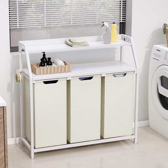 Laundry Hamper, Laundry Sorter 3 Section, Rolling Laundry Basket with Wheels, 2 Shelves, 3 × 14.5 Gal, Pull-Out and Removable Oxford Fabric Bags, for Laundry Room, White and Beige