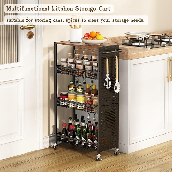 Utility Slim Storage Cart 4 Tier Small Rolling Kitchen Laundry Room Organization Cart with Wood Top Metal Narrow Laundry Room Shelves Cabinet Unit Laundry Organizer Trolley with Handle for Small space