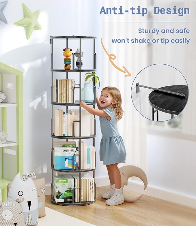 5 Tier Rotating Bookshelf Tower Round Black,62”Tall Standing Spinning Bookshelf Tower Anti-Tipping Design,Metal & Wood Revolving Bookcase Stackable Space Saving for Small Spaces,Study,Living Room
