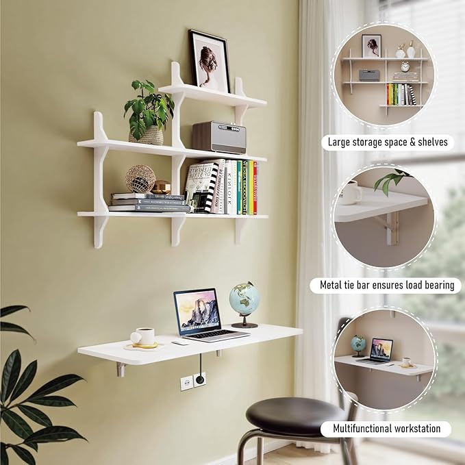 Pmnianhua Wall Mounted Folding Table, 47'' Floating Laptop Desk with Shelves, Foldable Drop Leaf Table, Wall Mount Fold Down Table for Laundry Room Kitchen Bar Home Office Small Space(White)