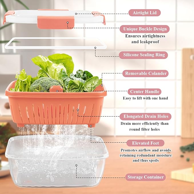 68oz Berry Keeper Fruit Storage Container for Fridge, Fresh Food Produce Saver Containers with Removable Drain Colander, Vegetable Lettuce Keeper Bowl, Refrigerator Organizer, PRESS TO OPEN CLOSE LID