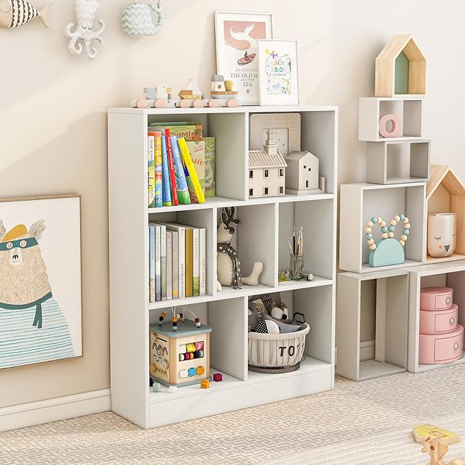 Giantex 7 Cube Bookcase, 4-Tier Freestanding Bookshelf w/ 7 Open Compartments, 2 Anti-Tipping Kits, Modern Display Cabinet, 41" Wood Cubby Storage Organizer for Living Room, Bedroom, White