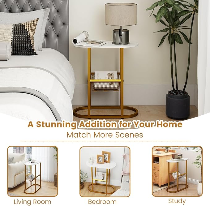 Tangkula Oval Narrow Side Table, 2-Tier End Table w/Mesh Magazine Rack, Steel Frame, Industrial Nightstand, Compact Sofa Bedside Table for Living Room Bedroom, White & Gold