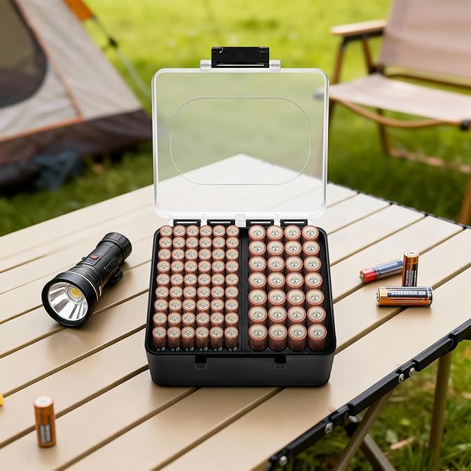 FULLCASE Battery Storage Organizer Box, Holder Container for 82 AA AAA Batteries, Plastic Home Batteries Variety Pack Protective Organization(Case Only) Black