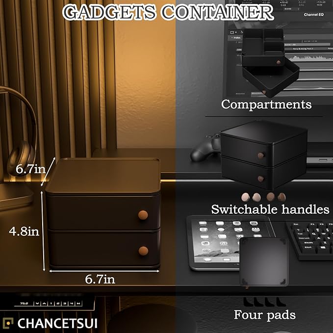 CHANCETSUI Black desk organizer for men: Multi function countertop container for gaming desk, workstation, bathroom storage, square storage box for black aesthetic