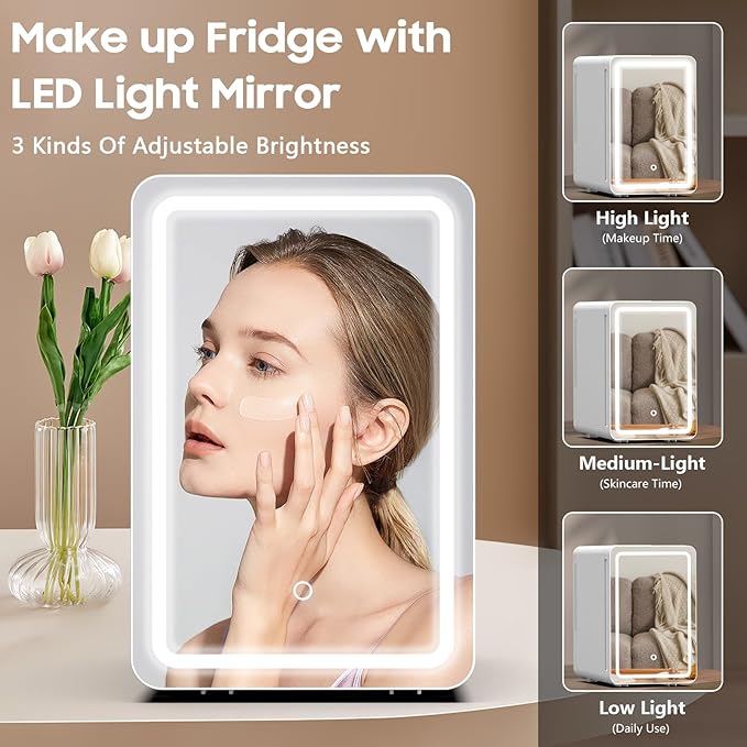 20L Skincare Fridge with Mirror & LED Lighting, 3-Mode Dimmable, Cooler & Warmer with Drip Tray for Makeup, Cosmetic, Beauty, Mini Beauty Fridge for Bedroom, Vanity, Car & Home Use