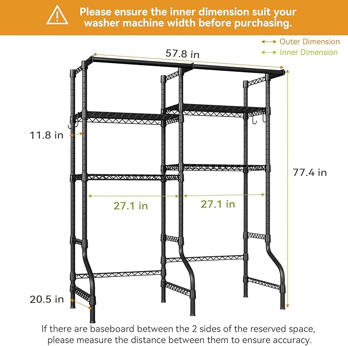 U14 Medium Over the Washer and Dryer Shelves, 4 Tiers Laundry Room Storage and Organizer System, Space Saving Clothes Drying Rack with 2 Clothes Hanger Rods, 57.8"W x 20.5"D x 77.4"H, Black
