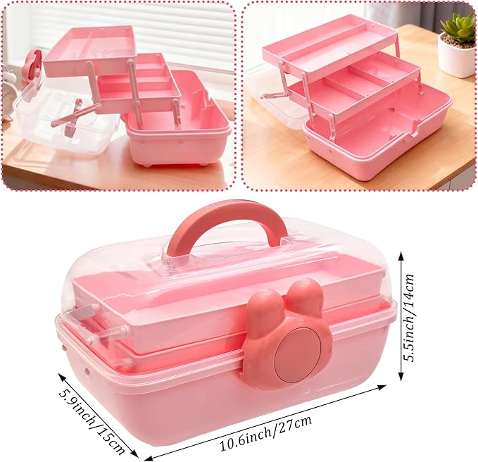3-Tier Lockable Hair Accessories Organizer for Girls - Foldable Craft Storage Box Pink Plastic box with 2 Trays for Headbands, Art Supplies, Beads & Washi Tapes