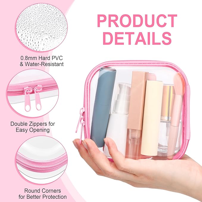 Sanwuta 6 Pcs Clear Hard Zipper Case Hard Plastic Zipper Pouches Transparent Makeup Bag Pencil Pouches for Travel Snacks Christmas Trinket Storage Organizer Box(Pink,5 x 5 x 2 Inch)