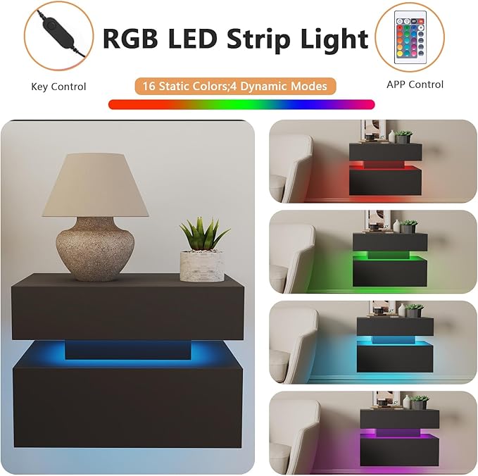 Floating Nightstand Set of 2,Modern Bedside Tables with LED Light for Bedroom,Small Night Stands with Drawers, Wall Mounted End SideTables Set for Living Room