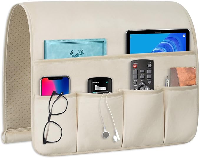 Remote Control Holder for Armchair，Couch Caddy Organizer TV Remote Holder for Bed Storage 5 Pockets，Remote Caddy Bedside Organizer Bedside Table Organizer (Beige, 35''x18'')
