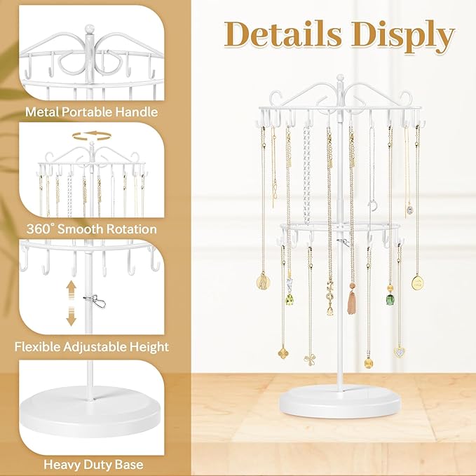 MODOWEY Rotating Necklace Holder Organizer Display Stand with 42 Hooks, 2 Tier Adjustable Metal Tree for Long Necklace Hanger Selling, Tall Spinning Bracelet Storage Rack for Men Women, White