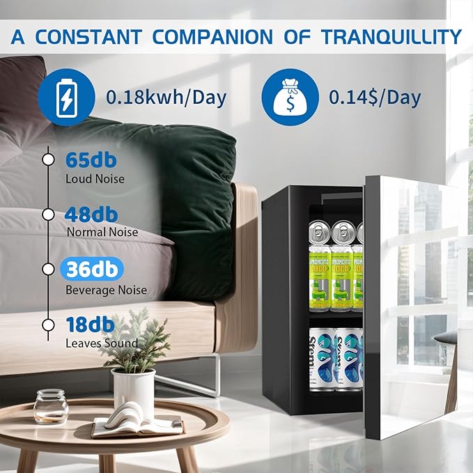 Compact Freestanding Beverage Refrigerator and Skincare Fridge, 0.9 Cu.Ft Mini Fridge Holds 24 Cans with Mirrored Front Door & Temperature Control for Soda, Beer and Beauty Products