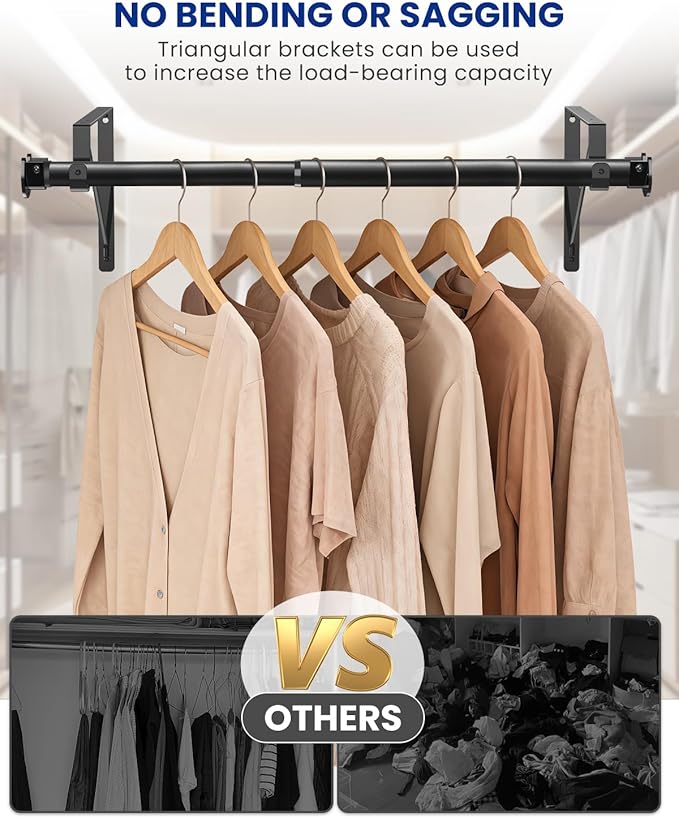 Closet Rods for Hanging Clothes with Triangular Brackets, 17 to 39 Inches Stepless Adjustable Closet Rod, 1.3 Inch Heavy Duty Closet Rod for Closet Wardrobe Laundry RV (Without Board/Black)