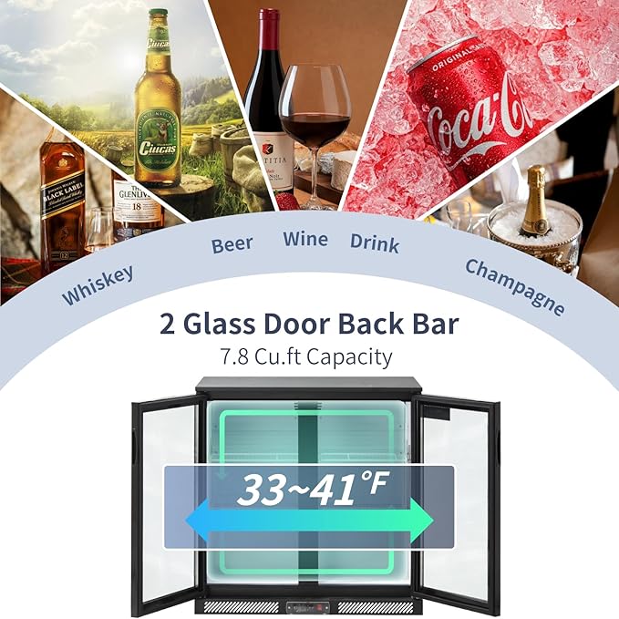 ICECASA 36" W Beverage Refrigerators 2 Glass Door Back Bar Refrigerator Commericial Undercounter cooler Wine Merchandiser 7.8 Cu.ft for Soda Beer